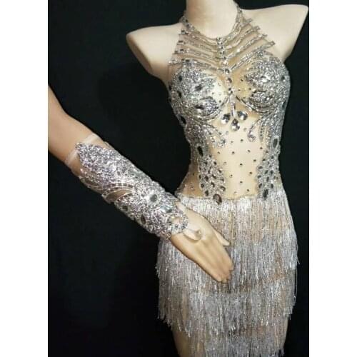 Women Shining Fashion Rhinestone Performance Costumes Womens Crystals Tassels Perspective Latin Skrit Female Slim Party Dress