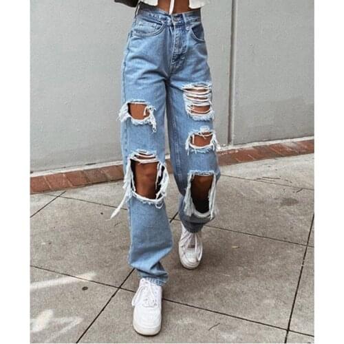 Jeans Women Summer Vintage Chic Distressed Hole Black High Waist Baggy Jeans Straight Leg Ripped Jeans For Fashion Streetwear