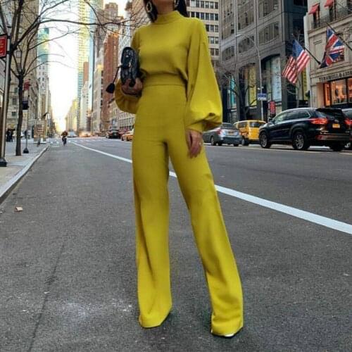 3 Color Women Spring Turtleneck Jumpsuit Long Sleeve Wide Leg Jumpsuits Autumn Female Solid Polyester Playsuit Overalls S-XL