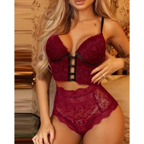 Womens 2 Piece Sexy Lingerie Suit Lace Bra High-waisted See Through Panty Ladies Nightwear Underwear Outfits Set Exotic Apparel