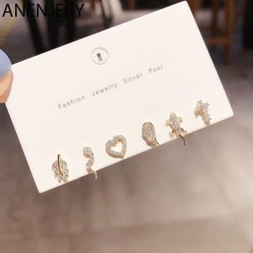 ANENJERY Fashion Love Heart Leaf Animal Stud Earring Set 925 Sterling Silver Cubic Zircon Small Earrings For 6-piece Set S-E1197