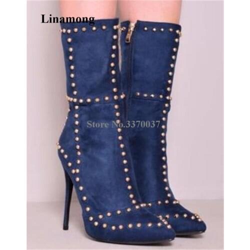 Spring Autumn New Fashion Women Pointed Toe Suede Leather Rivet Short Boots Zipper-up Thin Heel Spike High Heel Ankle Booties