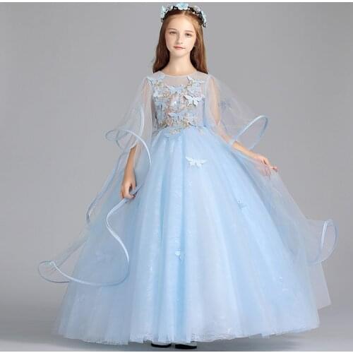 Flower Girl Dress Appliques Sequined O-Neck Princess Half Luxury Sky Blue Floor-Length Lace Tulle Embroidery Kid Party Gown H157