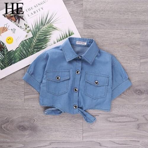 HE Hello Enjoy Girls Clothes 2020 Summer New Brand Kids Clothing Short Blue Sleeve Denim Shirt Coat Teenager 4 6 8 10 12 Years