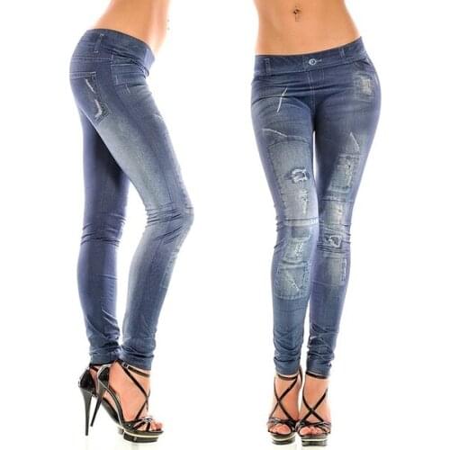 Denim Skinny Leggings Jeggings False Frayed Print Stretch Pants Trousers