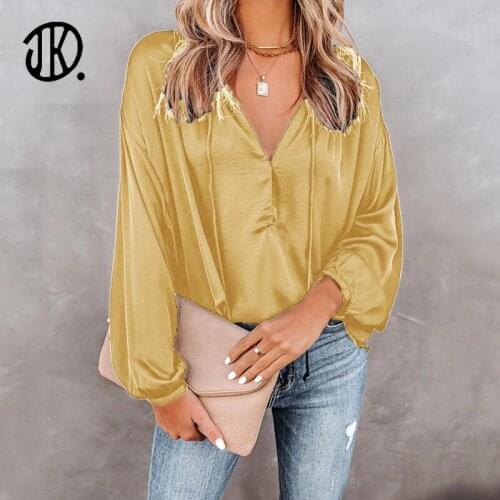 Elegant Trumpet Long-sleeved T-shirt Casual V-neck Satin Loose T Shirt Plus Size 2XL Ladies Pullover New Arrivals Spring Clothes
