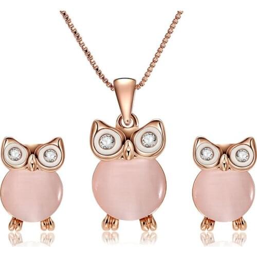 HC Cute Cartoon Animal Pendant Girl Kid Gifts Jewelry Sets Vintage Pink Opal Owl Earrings Children Birthday Party Set Jewelry T