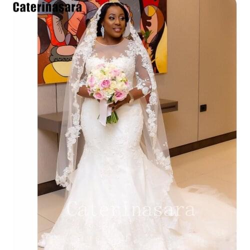 Illusion O-Neck 3/4 Sleeves Mermaid Wedding Dress Zipper Lace Trumpet Bridal Gown Plus Size