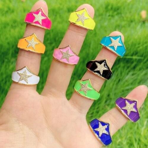 10Pcs Trendy enamel star crown shape pink/blue/green/white/black/orange/yellow/purple color finger ring jewelry for girl