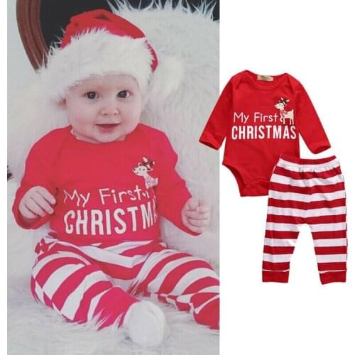2pcs Set Baby Boy Fashion Full Sleeve Letter Infant Baby My First Christmas Romper Bodysuit+stripe Pants Outfit 0-18 Months