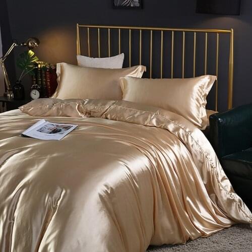 Super luxuryEuropean Style Pure Color Double-Sided Silk Four Piece Set Mulberry Silk Satin Bed Sheet Quilt Cover Nude Bedding