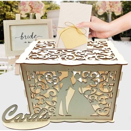 DIY Wedding Gift Card Box Wooden Money Box with Lock Beautiful Wedding Decoration Birthday Party Supplies Card Sign Set