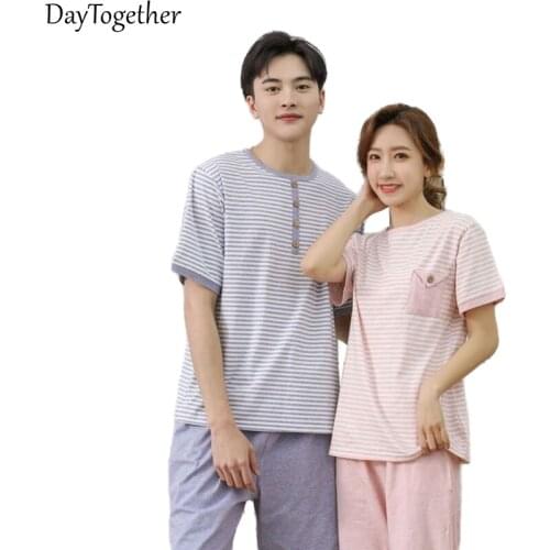 Summer Women Pajamas Striped Loose Casual Lovers Sleepwear Color Gray Pink Female Nightgown Set Two-Piece Suit