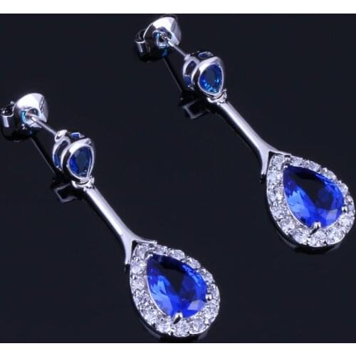 Majestic Water Drop Blue Cubic Zirconia White CZ Silver Plated Drop Dangle Earrings V0724