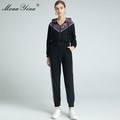 MoaaYina Fashion Designer Set Spring Autumn Womens Long sleeve Zipper Hooded collar jacket Tops+Movement Trousers Two-piece set
