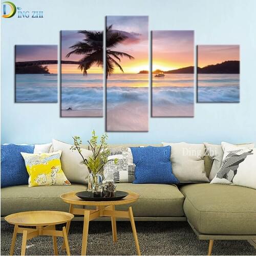 Modular Diamond Painting Beach Coconut Tree HD Prints 5 Panel Cross Stitch Wall Pictures Embroidery Mosaic Natural Scenery Decor