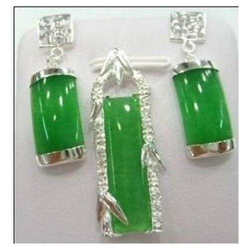 Charming Silver Plate Jade Pendant Earrings Set GP style Fine jewe Noble Natural jade fast SHIPPING