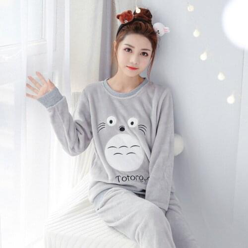 Winter Autumn Two Piece Fashion Sleepwear Long Sleeve Flannel Pajama Sets Women Cartoon Embroidery Warm Casual Lounge Home Wear