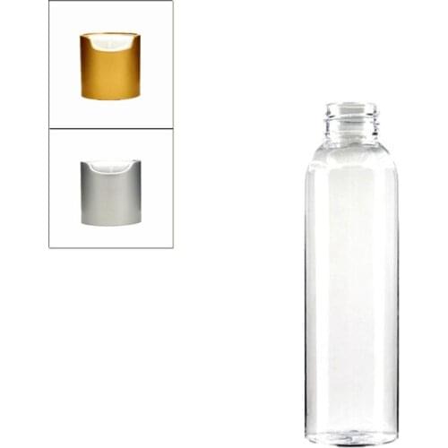 Empty 120ml Plastic clear cosmo round bottles, transparent PET bottle with white brushed aluminum shell disc-top cap
