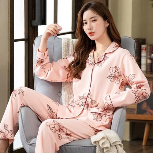 Plus Size Pure Cotton Flower Pajamas Set For Women Autumn Long Sleeve Cardigan Sleepwear Suit Leisure Female Warm Homewear M-4XL