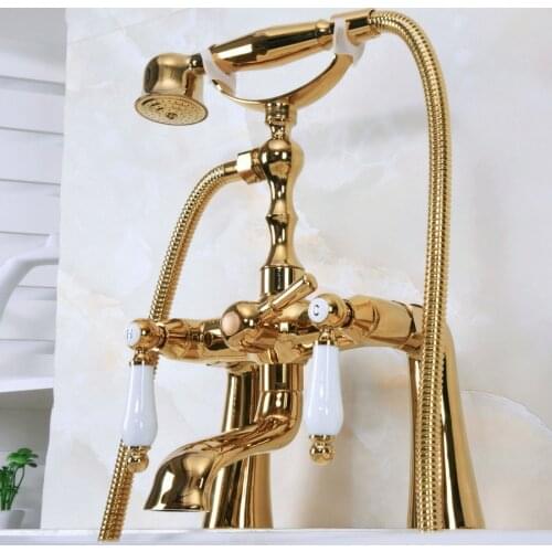 Luxury Gold Color Brass Deck Mounted Bathroom Clawfoot Bathtub Mixer Tap With Hand Shower Head Bath & Shower Faucet Lna141