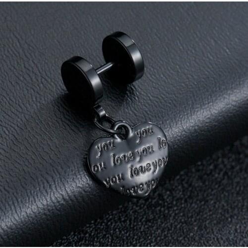 Unisex Black Color Stainless Steel Piercing Love You Heart Stud Earrings For Women Men Punk Gothic Barbell Earring