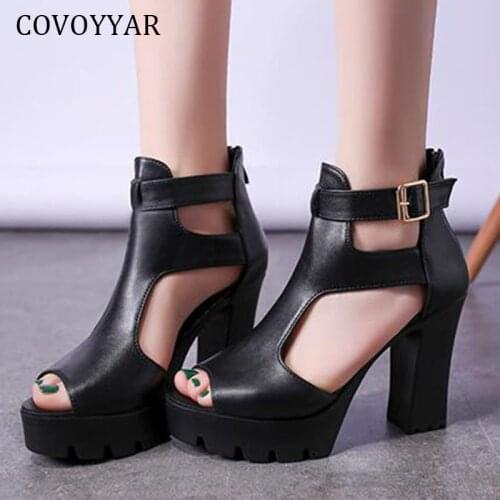 COVOYYAR Platform Sandals Women 2021 Thick Heel Hollow Peep Toe Zipper Gladiator Shoes Women High Heels Shoes Black WSS4041