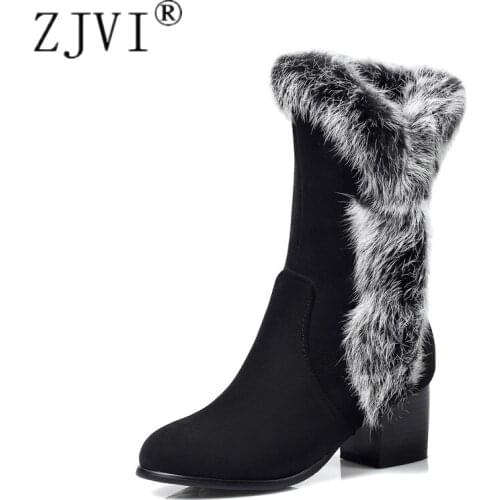 ZJVI 2020 Women Sexy Suede Fur Mid Calf Boots Womens Winter Autumn Snow Boots Woman Black Autumn Ladies Square Heels Beige Shoes