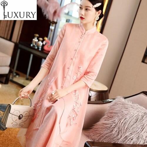 Quality Brand Chinese Top Qipao Women Vintage Embroidery Long Coats+Sleeveless Dress Suit Spring Summer Set Female