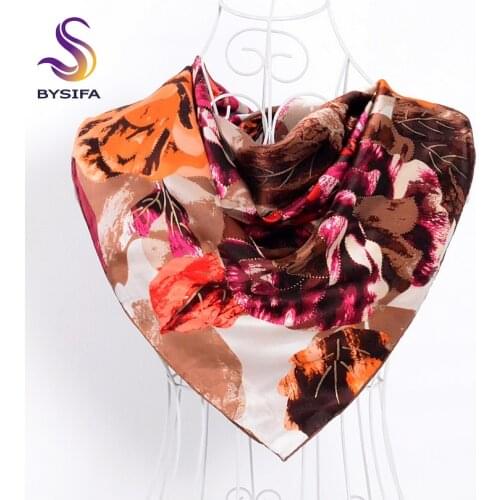 [BYSIFA] New Peony Grey Silk Scarf Autumn Winter Women Square Scarves 90X90cm Mujeres Bufanda Pure Silk Ladies Crepe Satin Scarf
