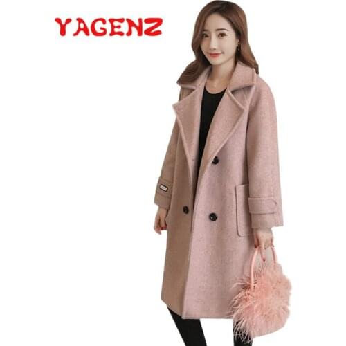 YAGENZ Women Coat In Women Wool Blend Long Coats Double-breasted Autumn And Winter Clothes Double pocket Basic Woolen Coat 423