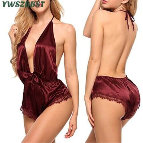 Women Sexy Dress Lace Satin Lingerie Smooth Silk-like Nightwear Sleepwear Set Nighties for Women Night Dress Wear Deep V-Neck Ni