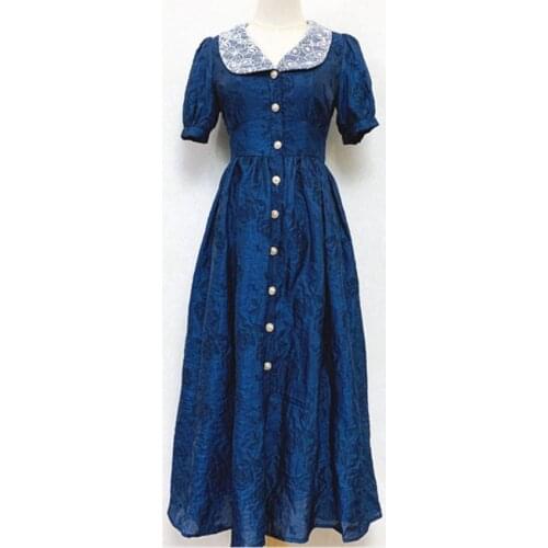 Elegant French Summer puff sleeve Dress Women vintage peter pan collar slim single breasted a-line dress