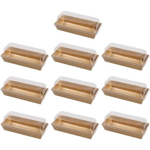 10PCS Rectangular Kraft Paper Sandwich Wrapping Boxes Cake Bread Snack Bakery Packing Box with Plastic Clear Lids