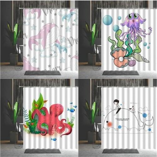 Child Cartoons Shower Curtains Lovely Whale Jellyfish Octopus Childrens Bathroom Decoration Hanging Curtain Multiple Size