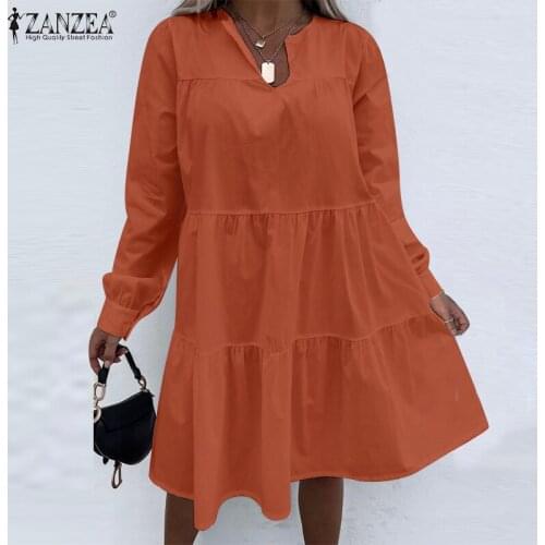 ZANZEA Elegant V Neck Long Sleeve Ruffles Dress Autumn Sundress Fashion Women Solid Party Knee-length Vestidos Oversized Robe