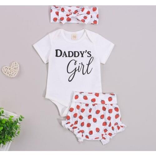 Baby Girls Clothes Set, Letter Print Short Sleeve Romper+Strawberry/Rainbow Print Shorts+Headband 3Pcs Summer Clothes
