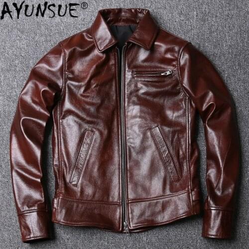 AYUNSUE Cowhide Leather Jacket Men Clothes 2020 100% Real Cow Leather Coat Spring Autumn Genuine Leather Oil Wax Vintage Jackets