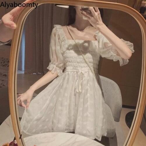 Summer Women White Mini Fairy Party Dress Square Collar Floral Hollow Out Bodycon Dress Puff Sleeve Cute Kawaii Princess Dress