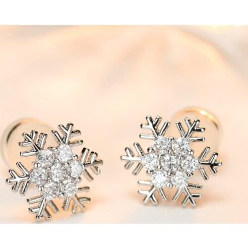 Cute Female White Zircon Stone Earrings Dainty Silver Color Wedding Earrings Trendy Bride Snowflake Small Stud Earrings For Wome