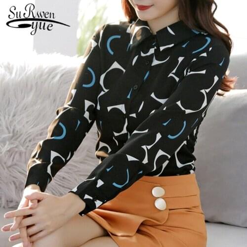 Fashion Korean Button Women Blouses 2021 Autumn New Long Sleeve Chiffon Women Shirts Print Temperament Slim Women Tops 6747 50