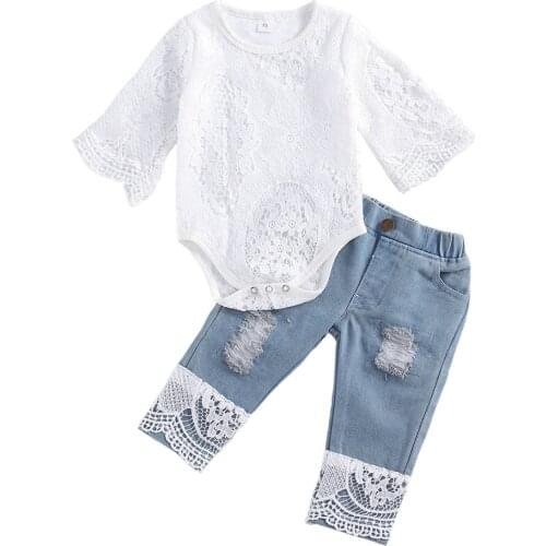 OPPERIAYA Baby Girls Long Sleeve Lace Bodysuit autumn Suit Triangle Crotch Round Neck Lace Tops with Hole pocket Jeans 2Pcs