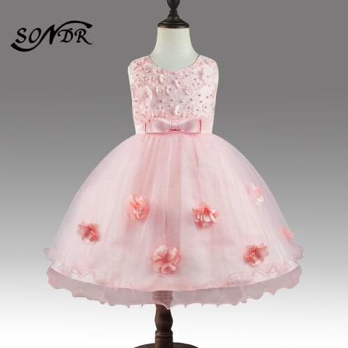 Appliques Flower Girl Dresses HT189 O-Neck Tank Girls Communion Dress Beading Bow Kids Party Dress Pink Princess Ball Gowns