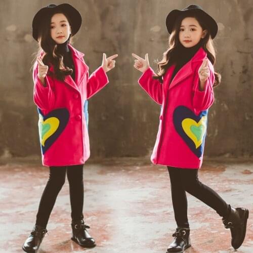 Rose Red Sweetheart Winter Autumn Woolen Coat Girls Kids Thicken Outerwear Teenage Top Costume Evening Party Childrens Clothing