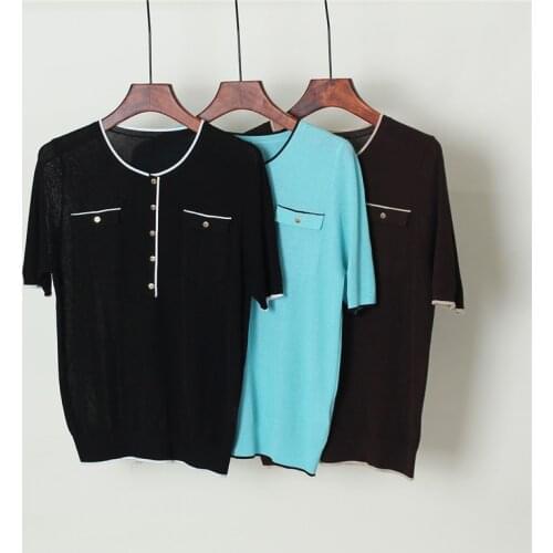 Silk Knitting Sweaters for women Summer thin sweater Short sleeve Plus size Knit top women pullovers 16 stitches 120S silk tops