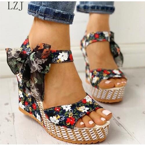 Women Wedge Sandals Female Open Toe Floral Bowknot Platform Bohemia High Heel Sandals Fashion Ankle Strap Ladies Shoes Summer