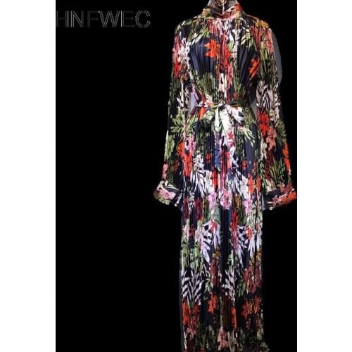 Women long dresses famale 2020 New vintage stand collar loose slimming belt pleated long sleeve printed 135CM length K299