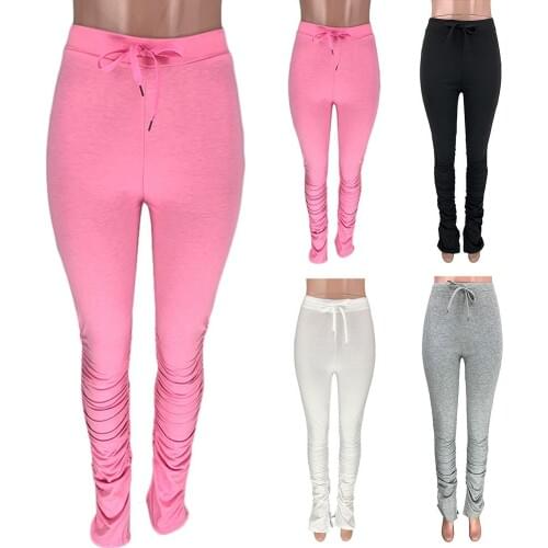 Plus size Women Solid Color Drawstring Stacked Sweatpants Ruched Sports Pants Trousers Sweatpants Ruched Sports Pants Trousers