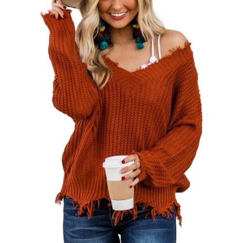 2020 New Fashion Off The Shoulder V-neck Autumn Sweater For Women Fringe Knitted Jumper Female Top Long Sleeve Pullover Knitwear