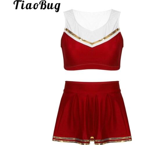 Women Stage Performance Jazz Dance Costume Cheerleader Uniform V Neck Sleeveless Vest Crop Top with High Waist Pleated Skirt Set